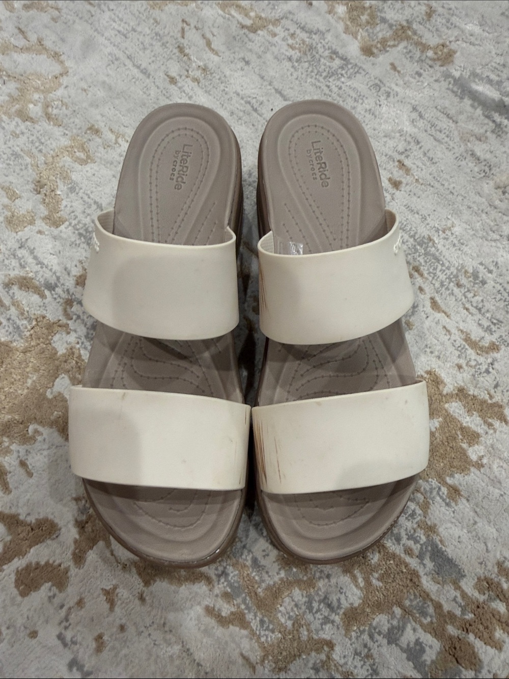 CROCS Two-Band Slide Sandals in Cream and Taupe